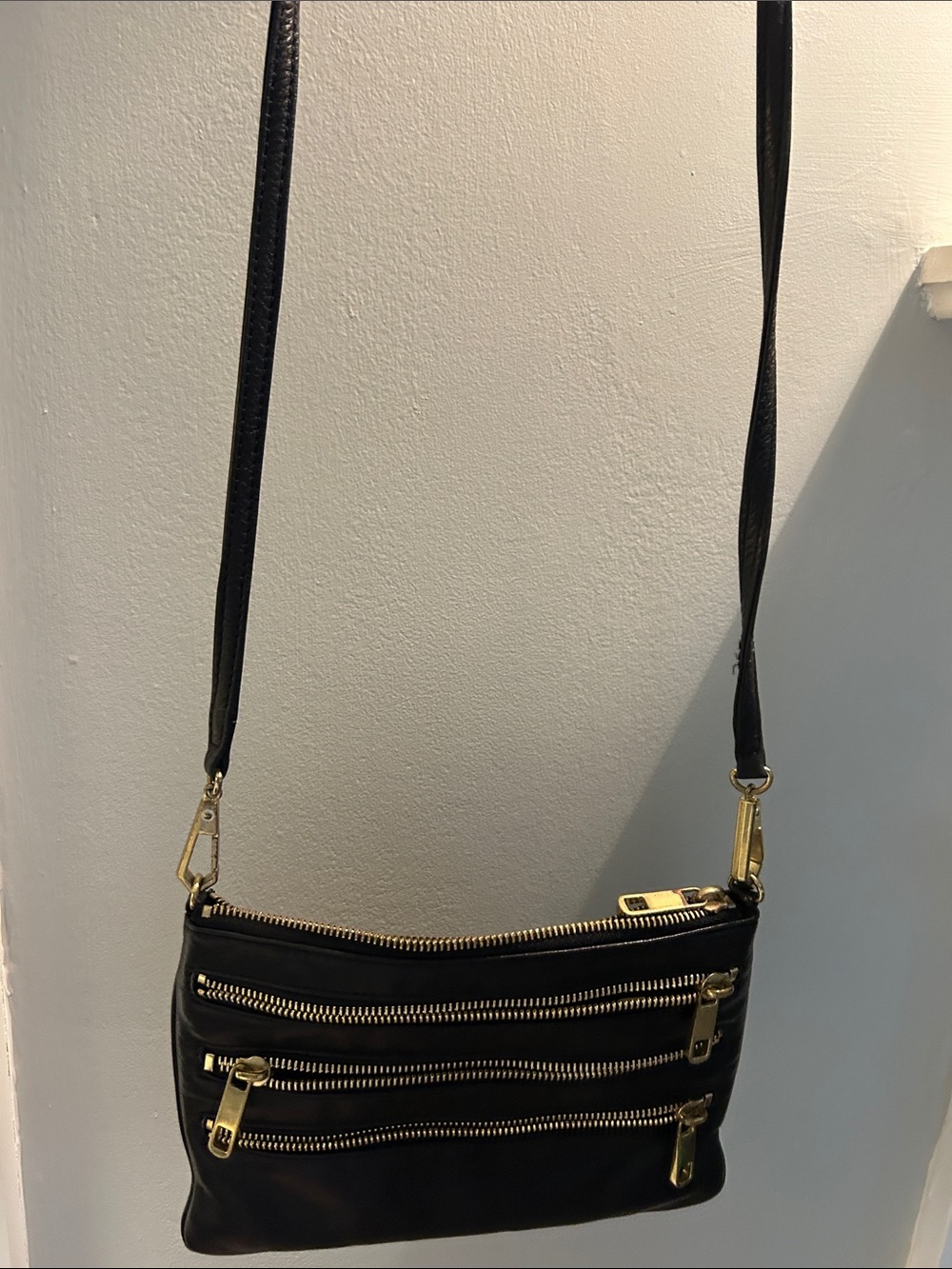 Rebecca Minkoff Black Leather Crossbody with Gold Zippers